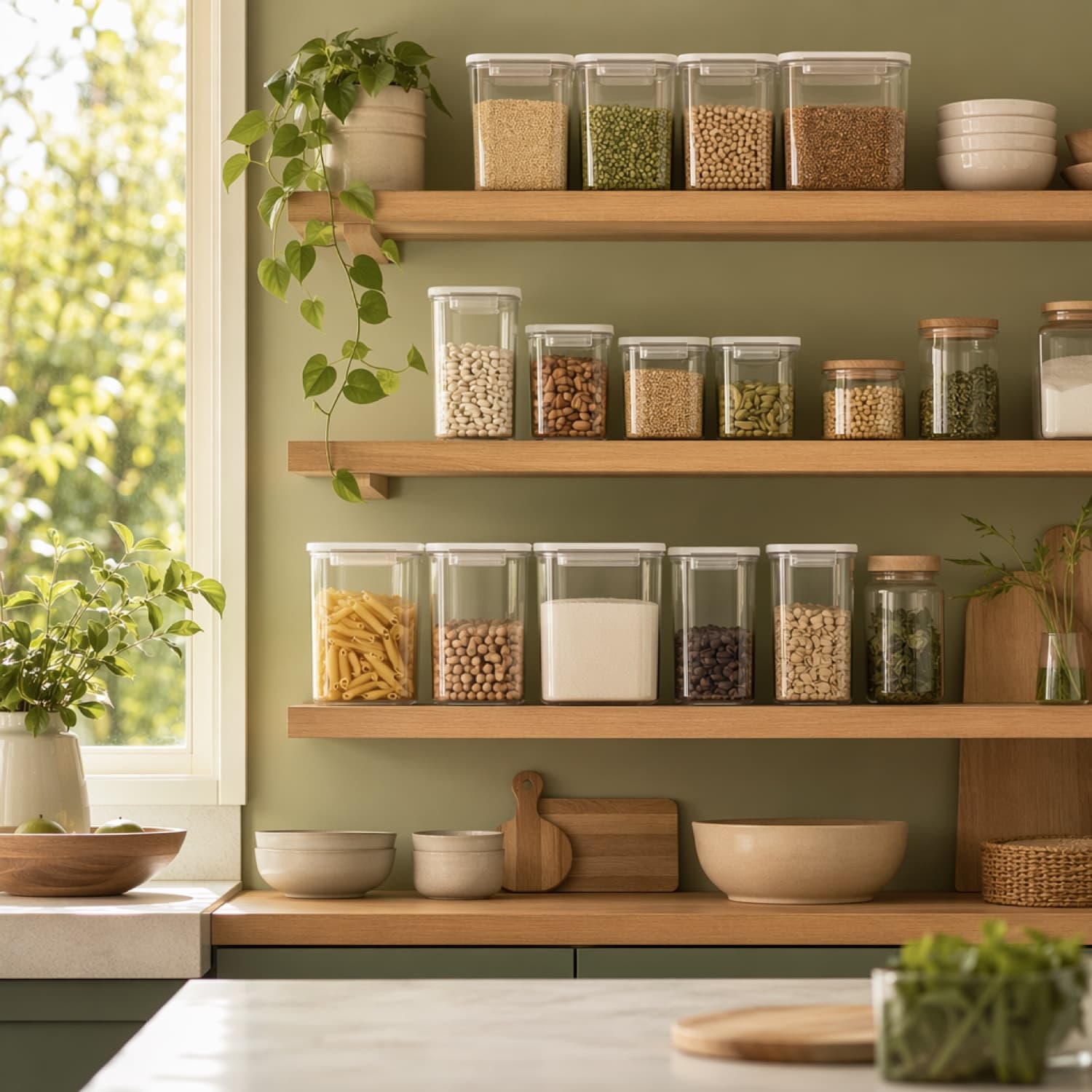 A calm, organised kitchen with food storage on open shelving