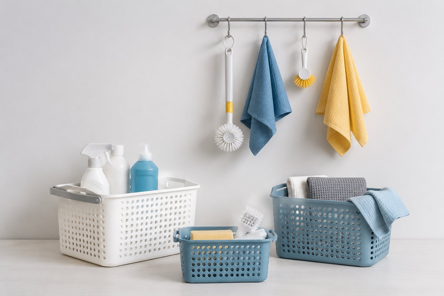 Cleaning storage baskets and a hook rail